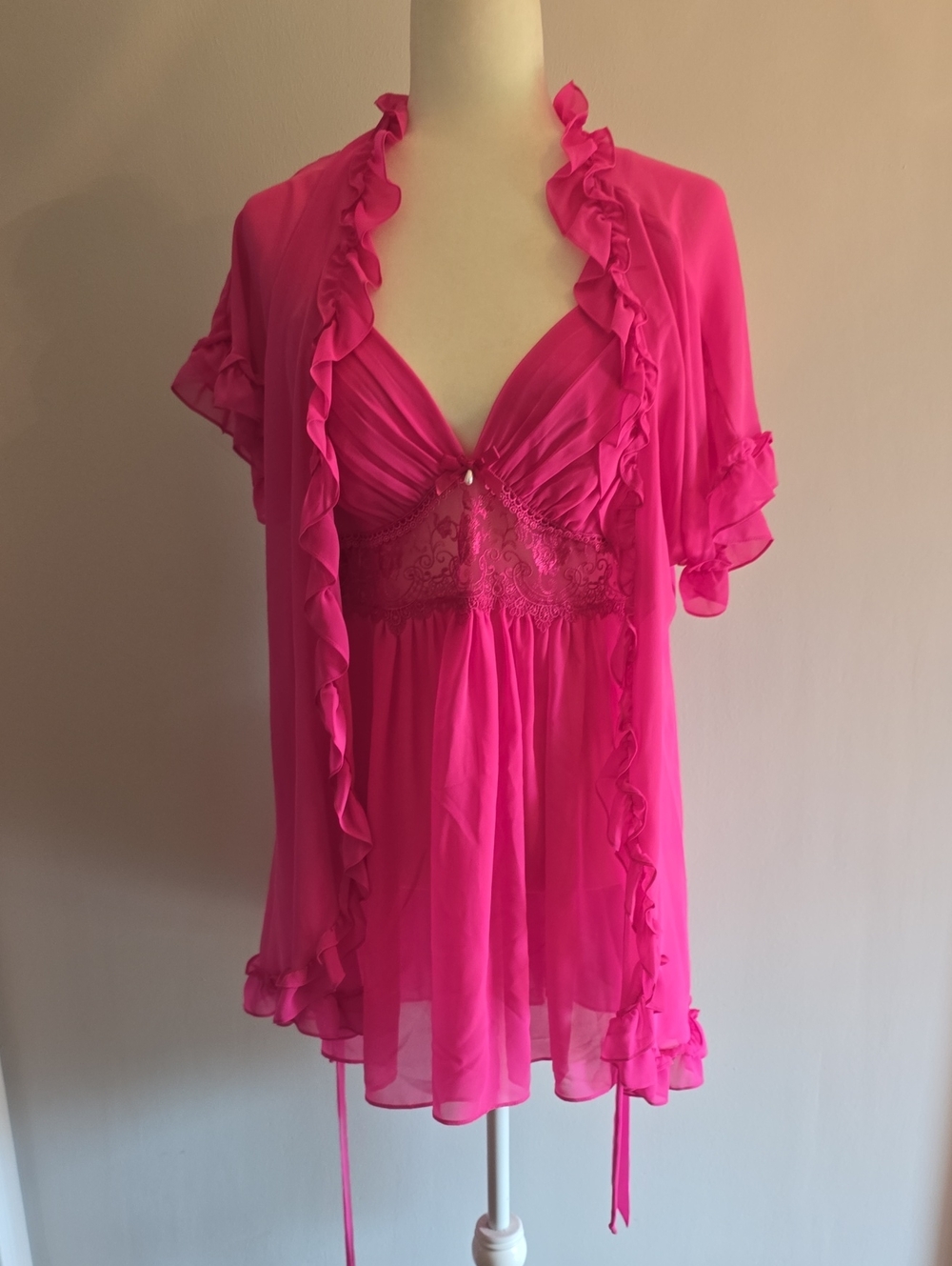 Hot Pink Ruffled Sheer Babydoll Chemise Nightwear